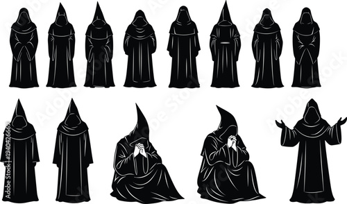 Collection of black silhouettes of robed figures in various poses hooded person