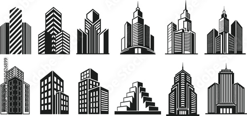 Collection of Modern Skyscraper Building Icons in Black and White untitled