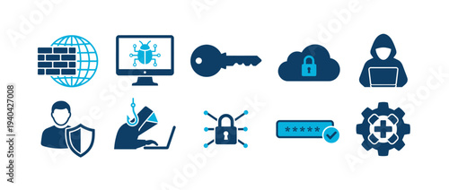 Cybersecurity and Network Protection solid icon set. Containing icons related to Firewall, Malware Bug, Cloud Security, Phishing Email, Password Authentication, and Hacker elements.