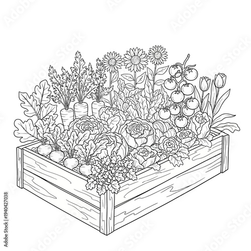 Raised Garden Bed Overflowing with Fresh Vegetables and Flowers