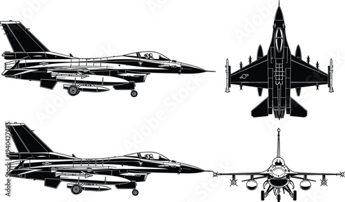 F 16 Fighting Falcon Jet Fighter Aircraft Multiple Views With Weapons untitled illustration