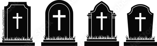 Four Gravestones with Crosses and Grass in Black and White untitled