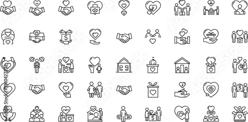 Grid of line art icons representing love family and relationships Keywords: love icon, family icon, relationship icon, heart