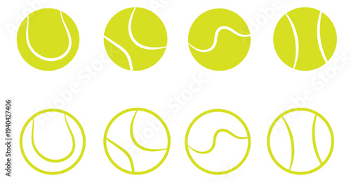 A vector icon set of tennis   balls, showcasing both filled and outline styles for sports design .Tennis ball icon set, vector illustration, sports equipment, black and white Vector 