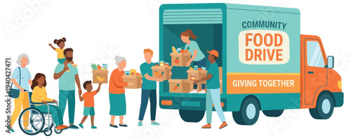 Community Food Drive Truck with Volunteers and Donations