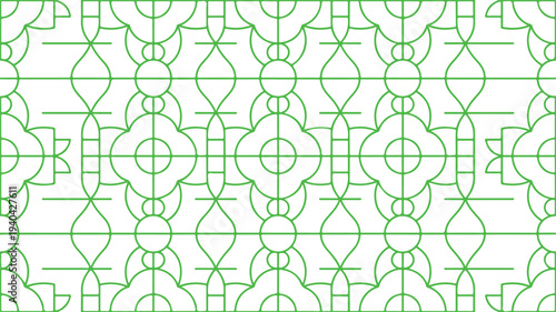 Green geometric pattern with interconnected lines and circles on white background