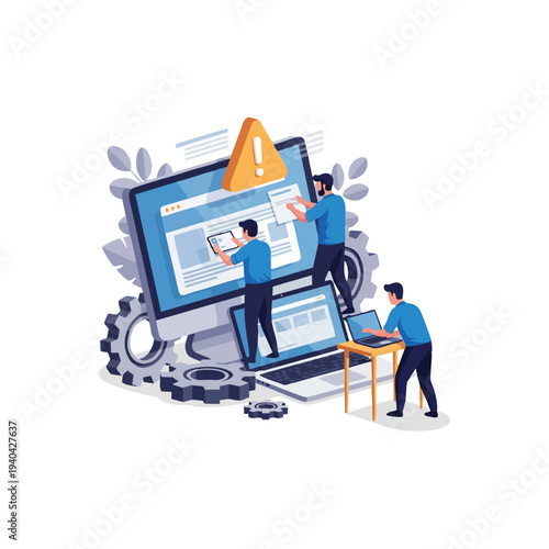 Team of developers fixing website errors and performing maintenance.