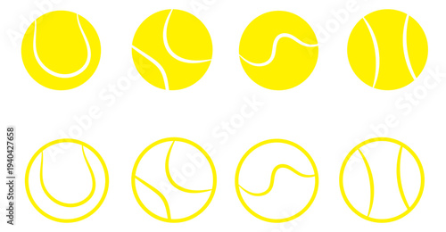 A vector icon set of tennis   balls, showcasing both filled and outline styles for sports design .Tennis ball icon set, vector illustration, sports equipment, black and white Vector 