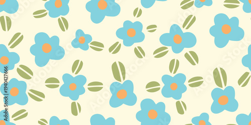 Seamless pattern with blue forget-me-not flowers and green leaves on light background. Soft botanical repeat design for textile print, fabric, packaging and surface design