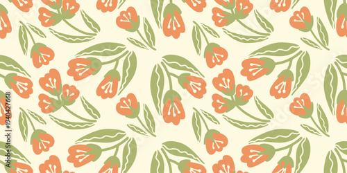 Seamless pattern with orange flowers in modern folk style on light background. Decorative floral repeat ideal for textile printing, fabric design, wallpaper and packaging