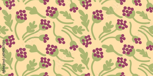 Seamless pattern with stylized folk flowers featuring burgundy dotted blossoms and green stems on a light background. Modern folk floral repeat for textile, fabric and surface pattern design