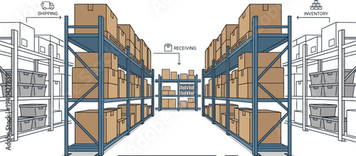 Modern Warehouse Storage Shelves with Cardboard Boxes
