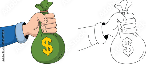 Money Bag Icon, vector illustration of hand holding cash bag, featuring color and outlined versions for finance, savings, investment, and business design.