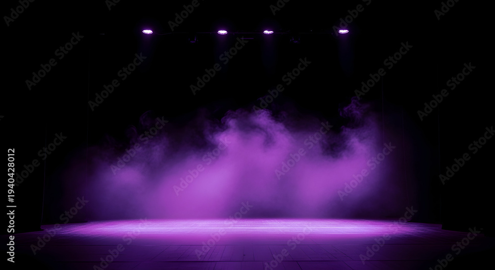 Fototapeta premium Mysterious purple stage lighting illuminates swirling smoke creating an atmospheric and dramatic ambiance for performance or event