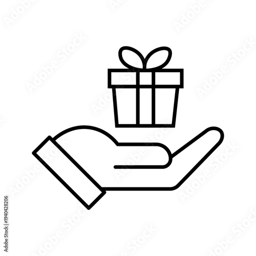 Hand giving gift box icon. Present in palm symbol for giving, receiving, or charity. Vector line art for bonus, reward, loyalty program. Gift box on hand icon design vector illustration.