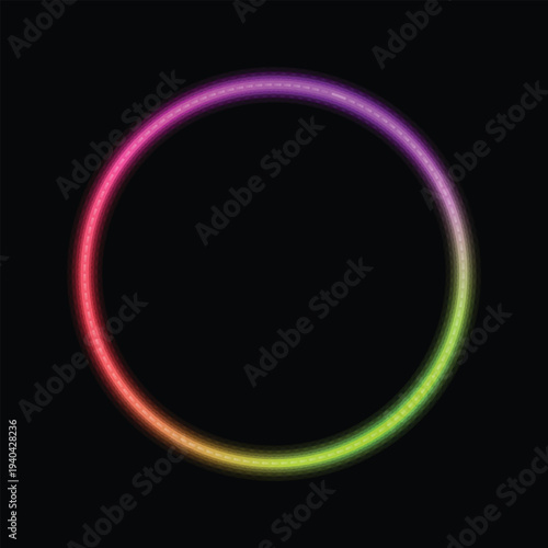 A striking luminous circular outline transitioning from vibrant pink to radiant green on a black field