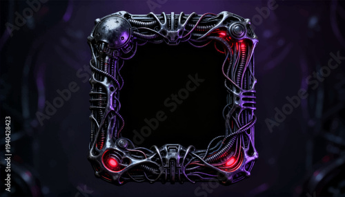 3D vector illustration of a square game interface icon, a dark gothic cyborg style, and a complex structure of biomechanical elements and dark chrome.