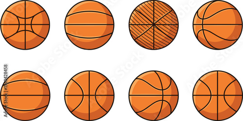 Basketball vector illustration set, stylized ball designs with unique seam patterns and shading, creative design resource for sports, athletics, and lifestyle themes