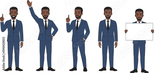 Cartoon businessman in blue suit with various gestures and poses including pointing, waving, standing, and holding blank sign for presentation or advertising design