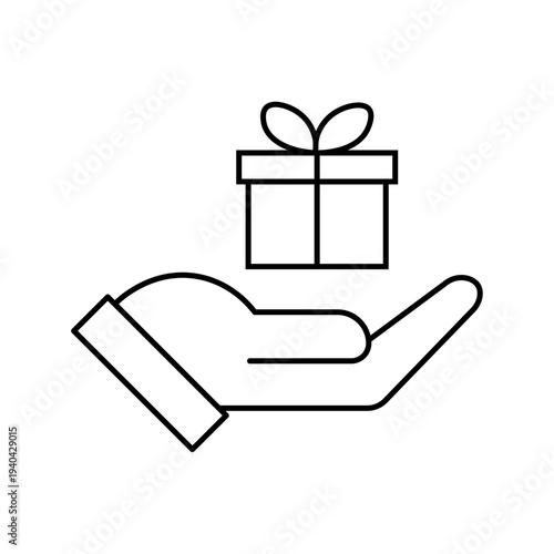 Hand giving gift box icon. Present in palm symbol for giving, receiving, or charity. Vector line art for bonus, reward, loyalty program. Gift box on hand icon design vector illustration.