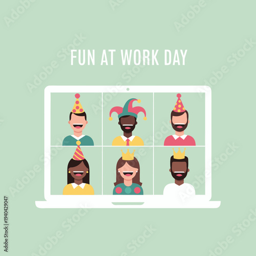 A flat illustration of a white laptop displaying six diverse colleagues celebrating a virtual party with party hats and crowns on Fun At Work Day.