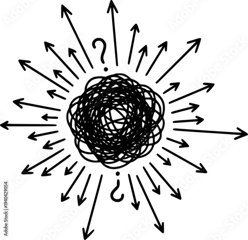 Black tangled mess with many arrows pointing outwards and question marks confusion
