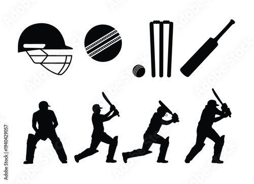 Cricket, silhouette set vector, players in batting bowling and fielding positions, match action icons, clean editable illustration.