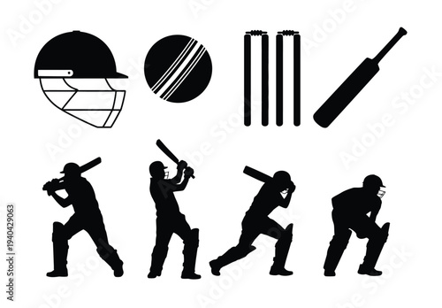 Cricket, silhouettes vector illustration, batsman bowler fielder action poses, sports game concept, editable vector design isolated on transparent background.