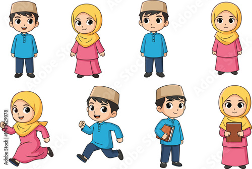 Cartoon illustration of eight children wearing traditional Islamic clothing, boys in tunics and caps, girls in dresses with hijabs, representing culture, education, and heritage artwor