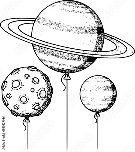 Whimsical Black and White Space Balloons Saturn Moon Jupiter Floating White Background