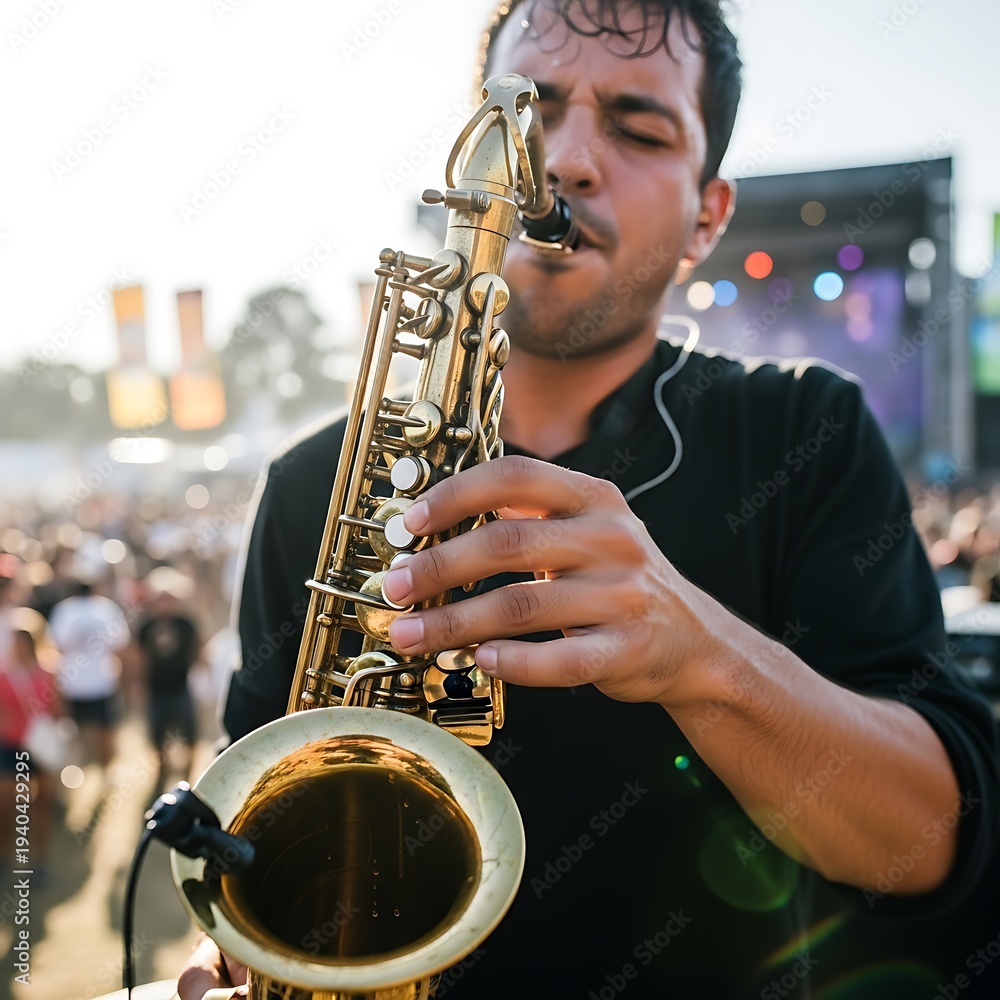 Obraz premium Musician plays saxophone during outdoor festival with crowd in background.