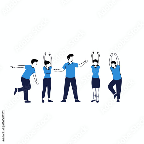 Flat line art illustration of a male fitness trainer guiding diverse office employees through various yoga and stretching poses for a corporate wellness session
