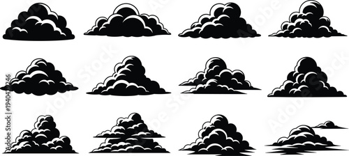 Cloud vector illustration set, black silhouette designs with diverse shapes, contours, and shading styles, creative design resource for weather, nature, and artistic themes