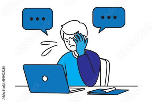 Overwhelmed person at a desk with laptop and paperwork stressed by speech bubbles
