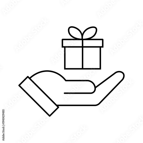 Hand giving gift box icon. Present in palm symbol for giving, receiving, or charity. Vector line art for bonus, reward, loyalty program. Gift box on hand icon design vector illustration.