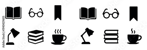Reading icons with book glasses bookmark flat