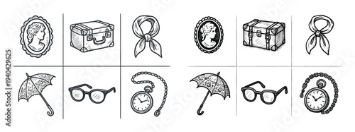 Vintage icons with cameo trunk sketch