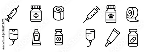 Medicine icons with syringe vial bandage outline