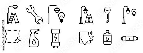 Cleaning and repair icons with wrench and spray flat