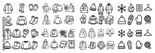 Clothing icons with coat hat gloves outline