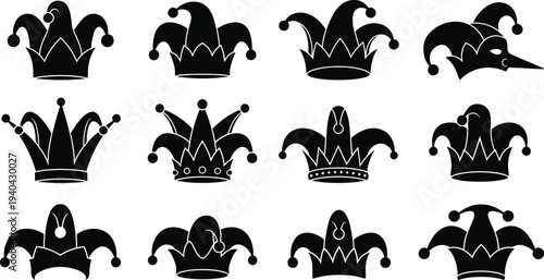 Jester hat vector illustration set, black silhouette designs with bells, crowns, and decorative points, creative costume resource for medieval, clown, and entertainment themes