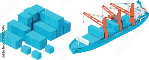 Large cargo ship with cranes loading stacked blue shipping containers in maritime port, global logistics and international trade transportation concept for worldwide commerce illustration