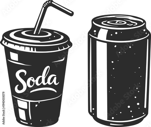 Retro Soda Cup and Can Illustration, Vintage Soft Drink Beverage Vector Design.