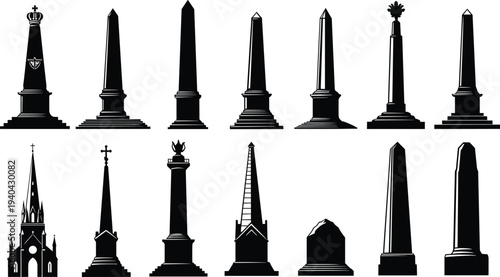 Monument and obelisk vector illustration set, black silhouette architectural icons with diverse styles and decorative elements, creative design resource for history, culture, and art themes