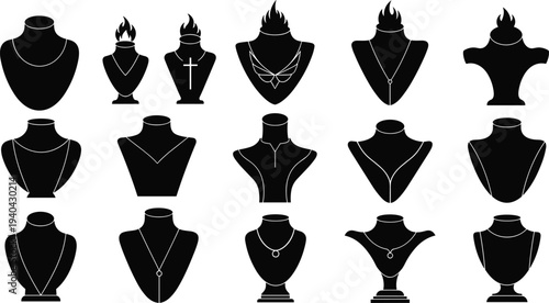 Necklace display vector illustration set, black silhouette jewelry stands with diverse chain and pendant designs, creative resource for fashion, retail, and merchandising themes