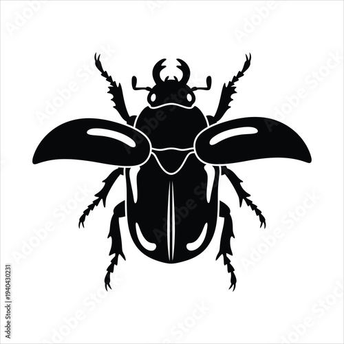 Black silhouette scarab beetle with open wings vector illustration