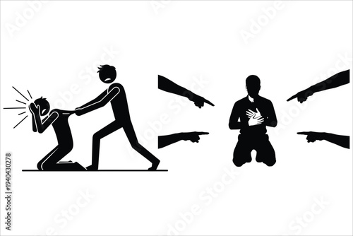 Silhouette illustration depicting a violent confrontation with guns and physical assault