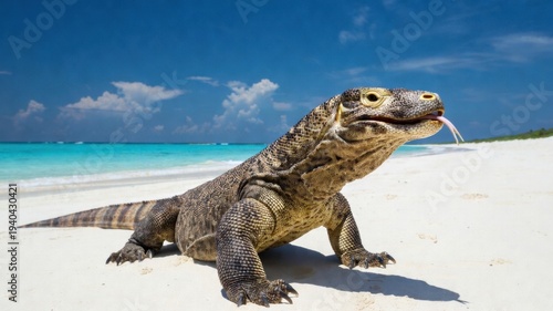 Komodo dragon on sandy beach with blue ocean under clear sky.