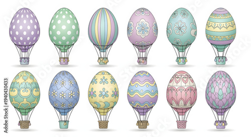 Colorful Easter eggs in hot air balloons.