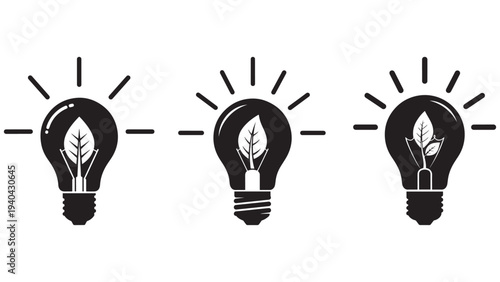 Energy-Efficient LED Bulb With Leaf-Shaped Filament And Radiant Rays, Black Solid Vector Icon For Sustainable Lighting And Efficiency